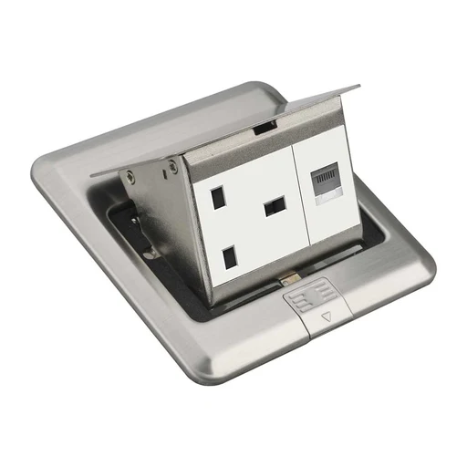 Stainless Steel Access Floor Socket â€“ 13A Socket + RJ45, Pop-Up Type